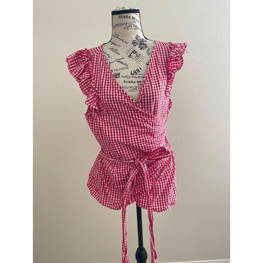 Mod-X Red White Gingham Ruffle Wrap Peplum Top PLU0174 XL Cotton